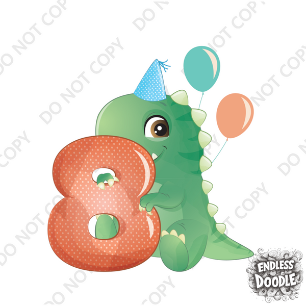 8th Birthday Boy Eight Year Old - T Rex Kids DTF Transfer - Gift Do it Yourself Iron On Heat Press Shirt Any Material Long Lasting Full Colour