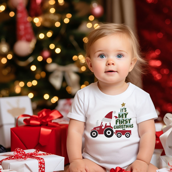 Christmas DTF Transfer - 1st Christmas Tractor - Do it Yourself Iron On or Heat Press Hot Cold Peel T Shirt Any Material Full Colour