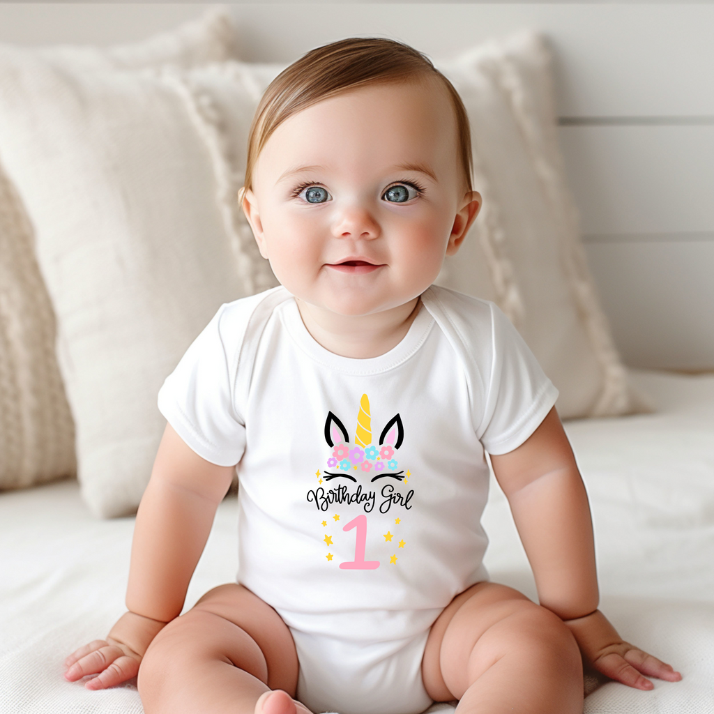1st Birthday Girl  One Year Old - Unicorn Kids DTF Transfer - Gift Do it Yourself Iron On Heat Press Shirt Any Material Long Lasting Full Colour