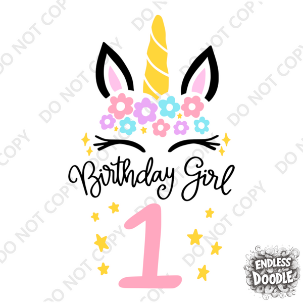 1st Birthday Girl  One Year Old - Unicorn Kids DTF Transfer - Gift Do it Yourself Iron On Heat Press Shirt Any Material Long Lasting Full Colour