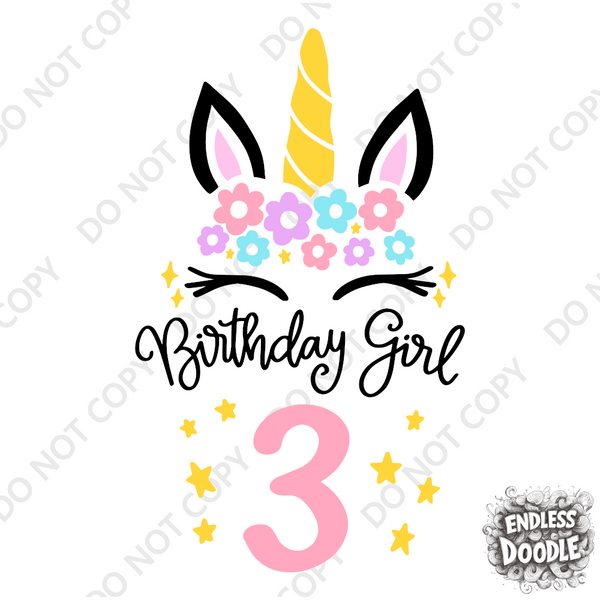 3rd Birthday Girl Three Year Old - Unicorn Kids DTF Transfer - Gift Do it Yourself Iron On Heat Press Shirt Any Material Long Lasting Full Colour