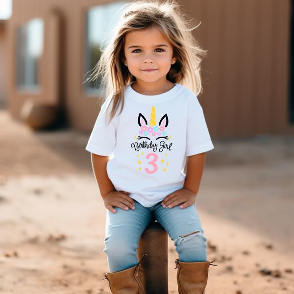 3rd Birthday Girl Three Year Old - Unicorn Kids DTF Transfer - Gift Do it Yourself Iron On Heat Press Shirt Any Material Long Lasting Full Colour