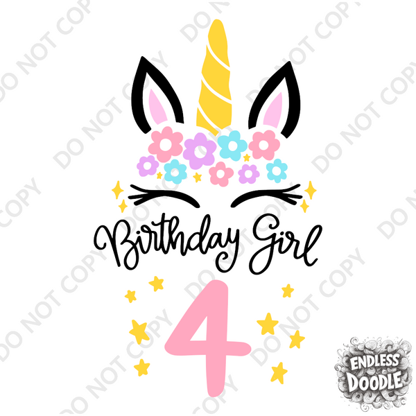 4th Birthday Girl Four Year Old - Unicorn Kids DTF Transfer - Gift Do it Yourself Iron On Heat Press Shirt Any Material Long Lasting Full Colour