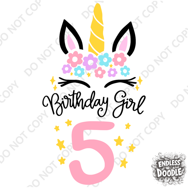 5th Birthday Girl Five Year Old - Unicorn Kids DTF Transfer - Gift Do it Yourself Iron On Heat Press Shirt Any Material Long Lasting Full Colour