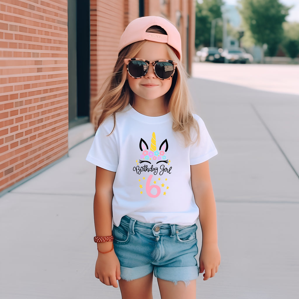 6th Birthday Girl Six Year Old - Unicorn Kids DTF Transfer - Gift Do it Yourself Iron On Heat Press Shirt Any Material Long Lasting Full Colour
