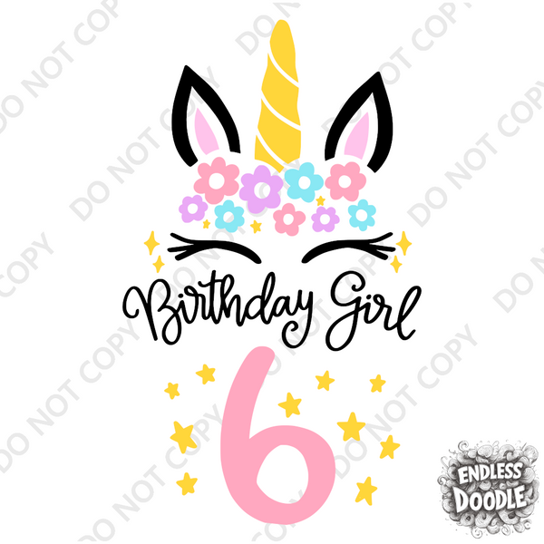 6th Birthday Girl Six Year Old - Unicorn Kids DTF Transfer - Gift Do it Yourself Iron On Heat Press Shirt Any Material Long Lasting Full Colour