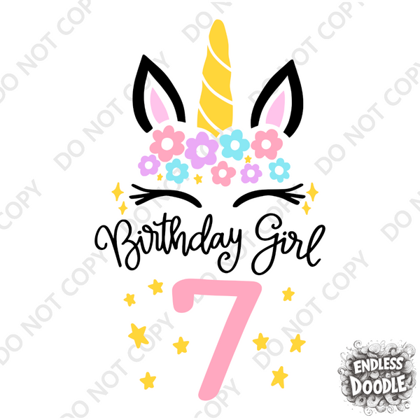 7th Birthday Girl Seven Year Old - Unicorn Kids DTF Transfer - Gift Do it Yourself Iron On Heat Press Shirt Any Material Long Lasting Full Colour