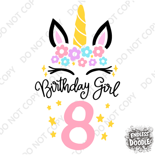 8th Birthday Girl Eight Year Old - Unicorn Kids DTF Transfer - Gift Do it Yourself Iron On Heat Press Shirt Any Material Long Lasting Full Colour