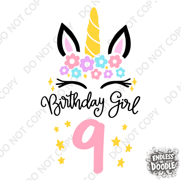 9th Birthday Girl Nine Year Old - Unicorn Kids DTF Transfer - Gift Do it Yourself Iron On Heat Press Shirt Any Material Long Lasting Full Colour