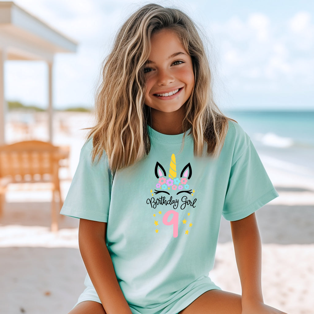 9th Birthday Girl Nine Year Old - Unicorn Kids DTF Transfer - Gift Do it Yourself Iron On Heat Press Shirt Any Material Long Lasting Full Colour