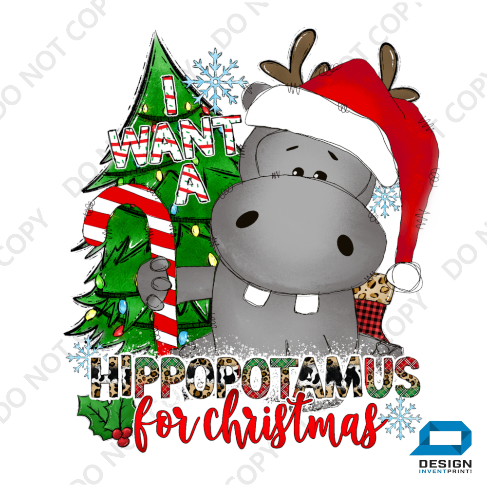 Christmas DTF Transfer - Hippopotamus - Do it Yourself Iron On or Heat Press Hot Cold Peel T Shirt Any Material Full Colour