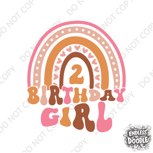 2nd Birthday Girl Two Year Old - Dusky Pink Rainbow Kids DTF Transfer - Gift Do it Yourself Iron On Heat Press Shirt Any Material Long Lasting Full Colour
