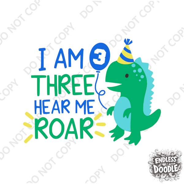 3rd Birthday Boy Three Year Old - Dino Roar Kids DTF Transfer - Gift Do it Yourself Iron On Heat Press Shirt Any Material Long Lasting Full Colour