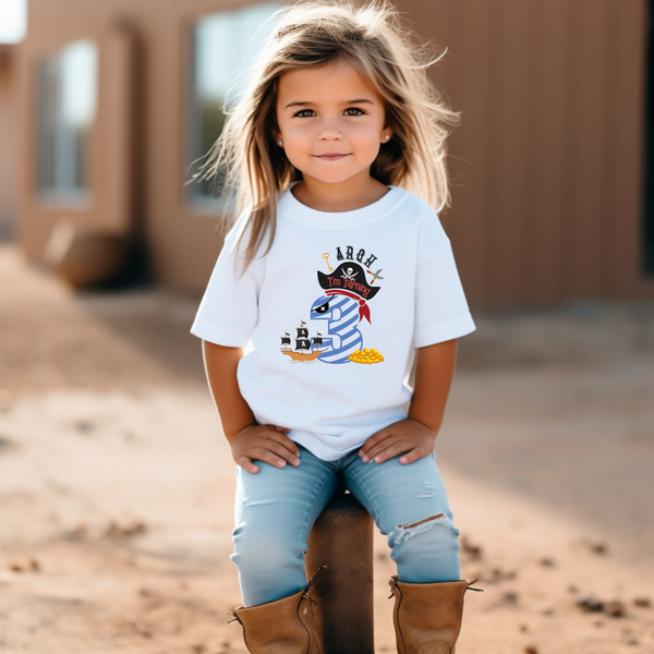 3rd Birthday Three Year Old - Turning 3 Pirate Kids DTF Transfer - Gift Do it Yourself Iron On Heat Press Shirt Any Material Long Lasting Full Colour