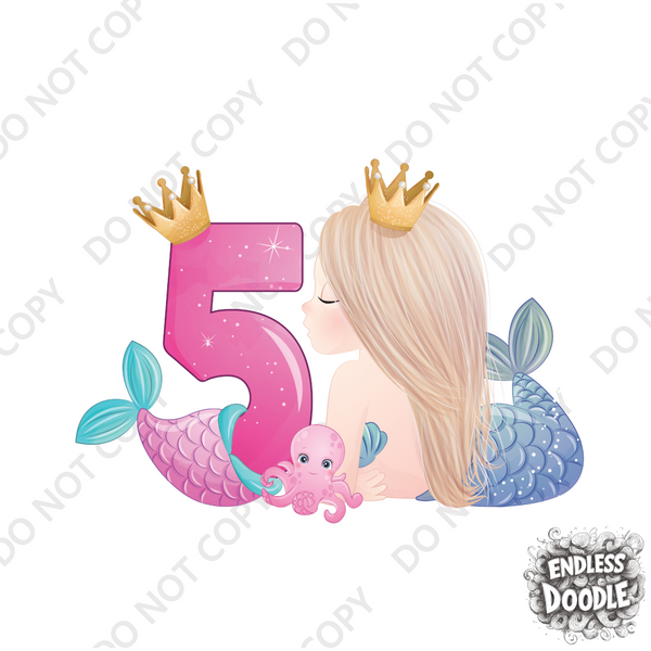 5th Birthday Girl Five Year Old - Mermaid Kids DTF Transfer - Gift Do it Yourself Iron On Heat Press Shirt Any Material Long Lasting Full Colour
