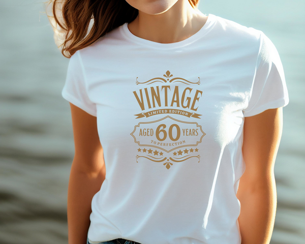 60th Birthday DTF Transfer - Vintage Aged Perfection - Do it Yourself Iron On Heat Press Hot or Cold Peel T 60 Birthday Shirt Any Material Long Lasting Full Colour