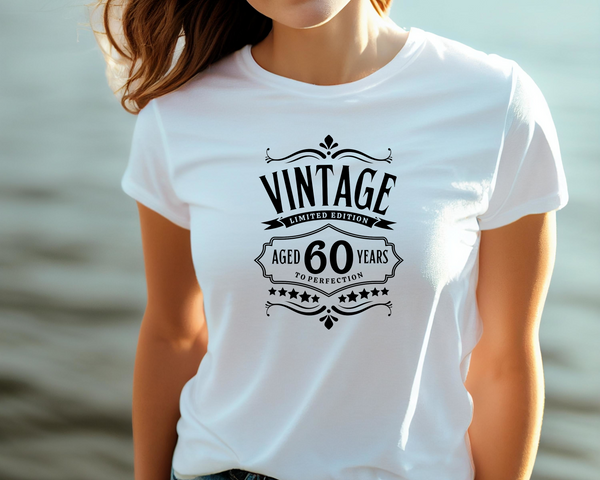 60th Birthday DTF Transfer - Vintage Aged Perfection - Do it Yourself Iron On Heat Press Hot or Cold Peel T 60 Birthday Shirt Any Material Long Lasting Full Colour