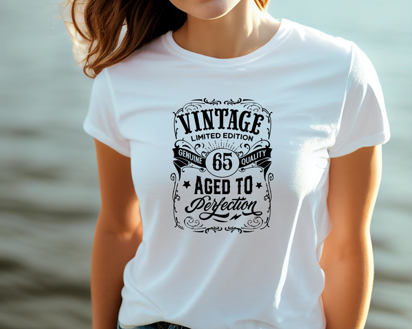 65th Birthday Gift DTF Transfer - Vintage Age - Do it Yourself Iron On Heat Press Hot or Cold Peel T 65 Birthday Shirt Any Material Long Lasting Full Colour