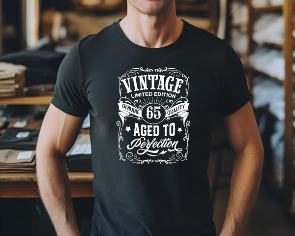 65th Birthday Gift DTF Transfer - Vintage Age - Do it Yourself Iron On Heat Press Hot or Cold Peel T 65 Birthday Shirt Any Material Long Lasting Full Colour