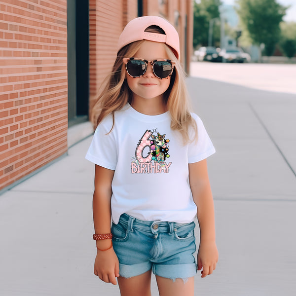 6th Birthday Girl Six Year Old - Giraffe Kids DTF Transfer - Gift Do it Yourself Iron On Heat Press Shirt Any Material Long Lasting Full Colour
