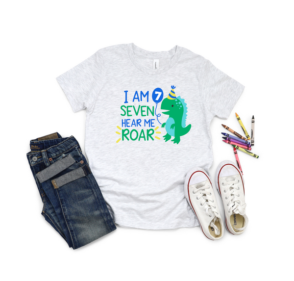 7th Birthday Boy Seven Year Old - Dino Roar Kids DTF Transfer - Gift Do it Yourself Iron On Heat Press Shirt Any Material Long Lasting Full Colour
