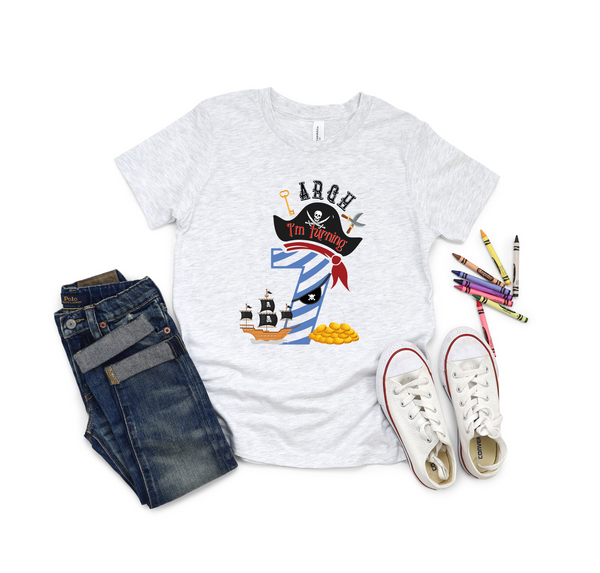 7th Birthday Six Year Old - Turning 7 Pirate Kids DTF Transfer - Gift Do it Yourself Iron On Heat Press Shirt Any Material Long Lasting Full Colour