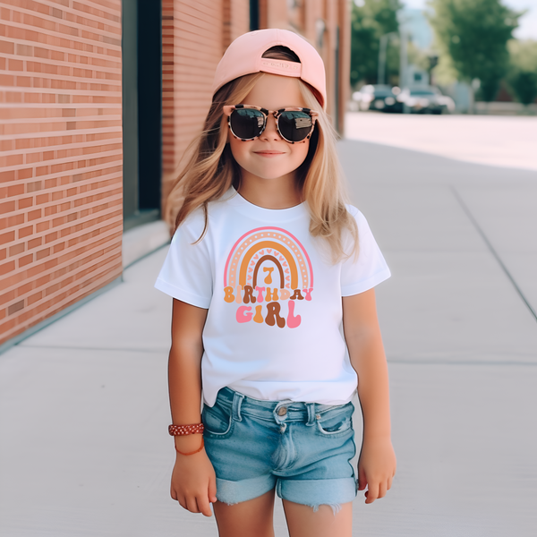 7th Birthday Girl Seven Year Old - Dusky Pink Rainbow Kids DTF Transfer - Gift Do it Yourself Iron On Heat Press Shirt Any Material Long Lasting Full Colour