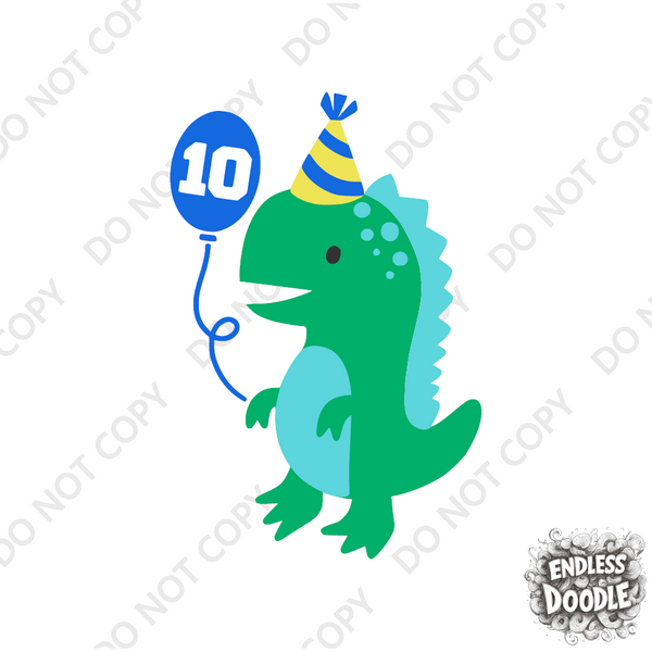 10th Birthday Boy Ten Year Old- Dino Balloon Birthday Kids DTF Transfer - Gift Do it Yourself Iron On Heat Press Shirt Any Material Long Lasting Full Colour