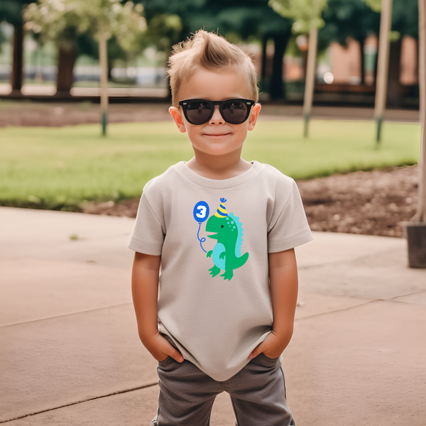 3rd Birthday Boy Three Year Old - Dino Balloon Birthday Kids DTF Transfer - Gift Do it Yourself Iron On Heat Press Shirt Any Material Long Lasting Full Colour