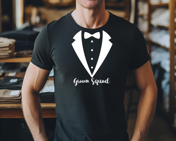 Wedding Groom Stag Do Party DTF Transfer - Groom Squad Tuxedo - Do it Yourself Iron On Heat Press Hot or Cold Peel Shirt Any Material Long Lasting Full Colour