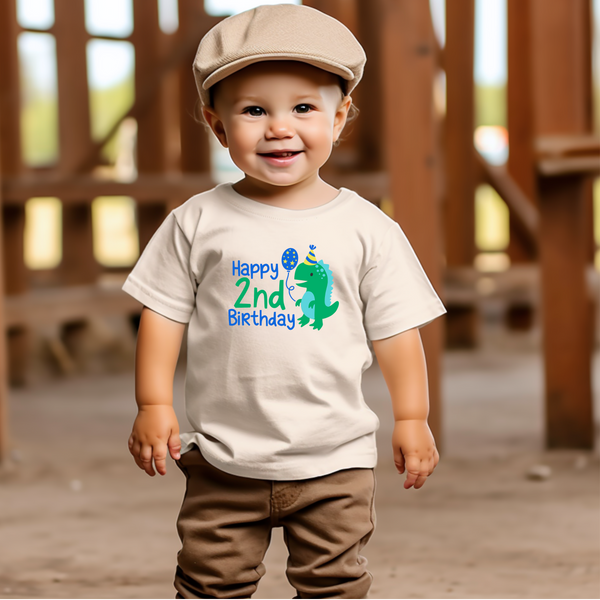 2nd Birthday Boy Two Year Old - Dino Happy Birthday Kids DTF Transfer - Gift Do it Yourself Iron On Heat Press Shirt Any Material Long Lasting Full Colour