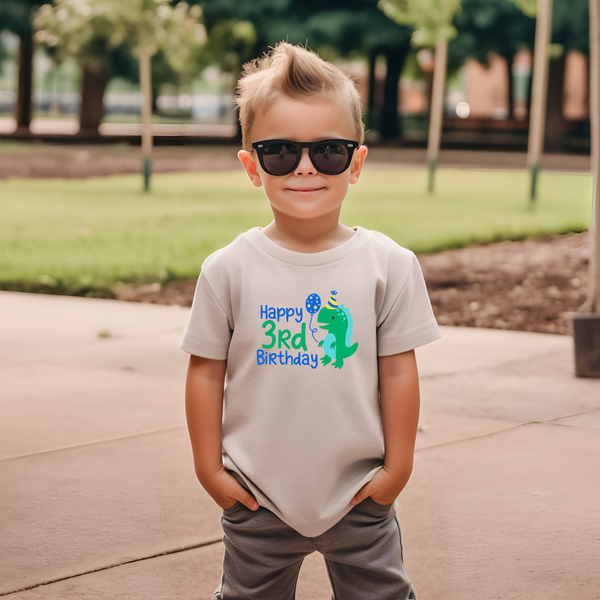 3rd Birthday Boy Three Year Old - Dino Happy Birthday Kids DTF Transfer - Gift Do it Yourself Iron On Heat Press Shirt Any Material Long Lasting Full Colour
