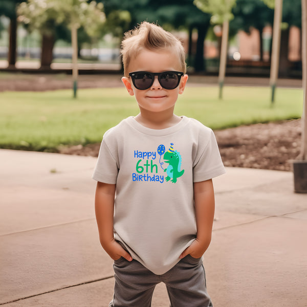 6th Birthday Boy Six Year Old - Dino Happy Birthday Kids DTF Transfer - Gift Do it Yourself Iron On Heat Press Shirt Any Material Long Lasting Full Colour