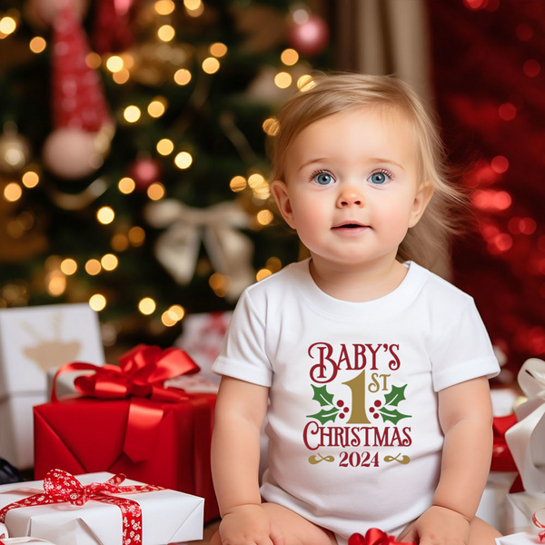 Christmas DTF Transfer - 1st Christmas Holly - Do it Yourself Iron On or Heat Press Hot Cold Peel T Shirt Any Material Full Colour