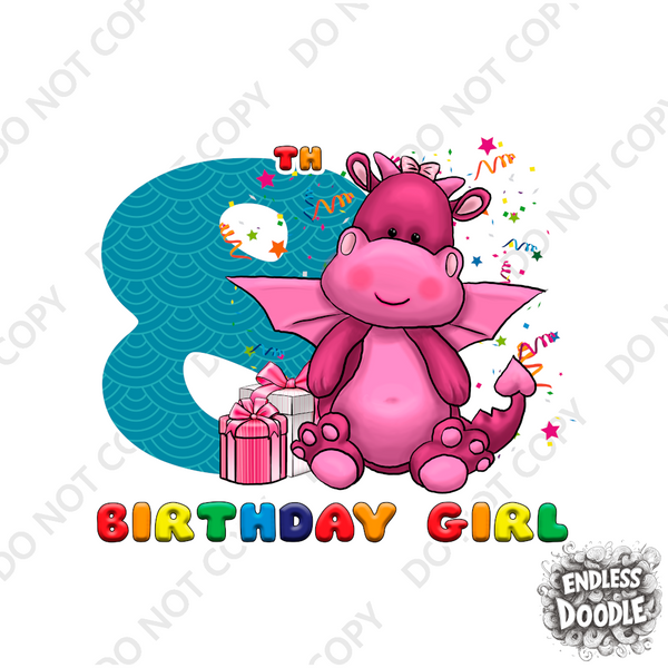 8th Birthday Girl Eight Year Old - Little Dragon Kids DTF Transfer - Gift Do it Yourself Iron On Heat Press Shirt Any Material Long Lasting Full Colour