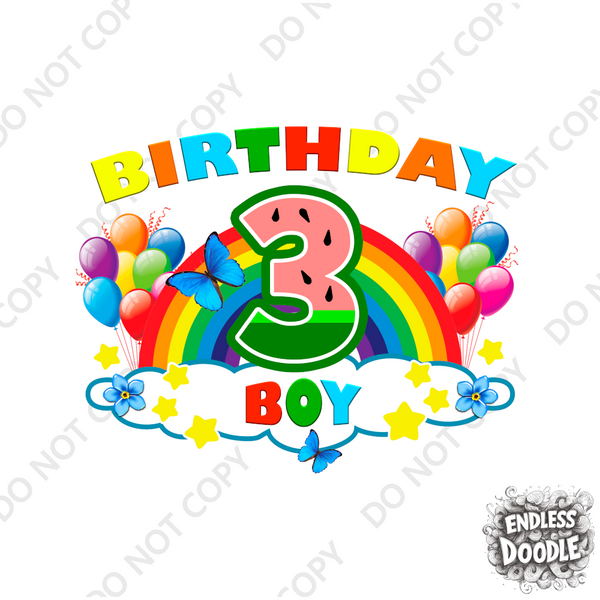 3rd Birthday Boy Three Year Old - Rainbow Birthday Kids DTF Transfer - Gift Do it Yourself Iron On Heat Press Shirt Any Material Long Lasting Full Colour