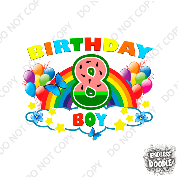 8th Birthday Boy Eight Year Old - Rainbow Birthday Kids DTF Transfer - Gift Do it Yourself Iron On Heat Press Shirt Any Material Long Lasting Full Colour