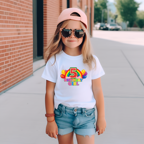 5th Birthday Girl One Year Five - Rainbow Birthday Kids DTF Transfer - Gift Do it Yourself Iron On Heat Press Shirt Any Material Long Lasting Full Colour